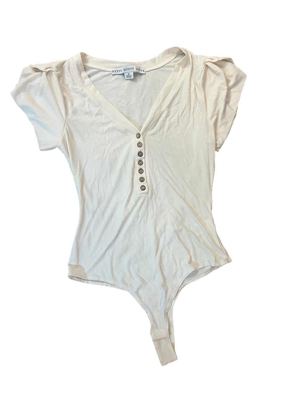 HYFVE Cream Ribbed Henley V-Neck Puff Sleeve Bodysuit